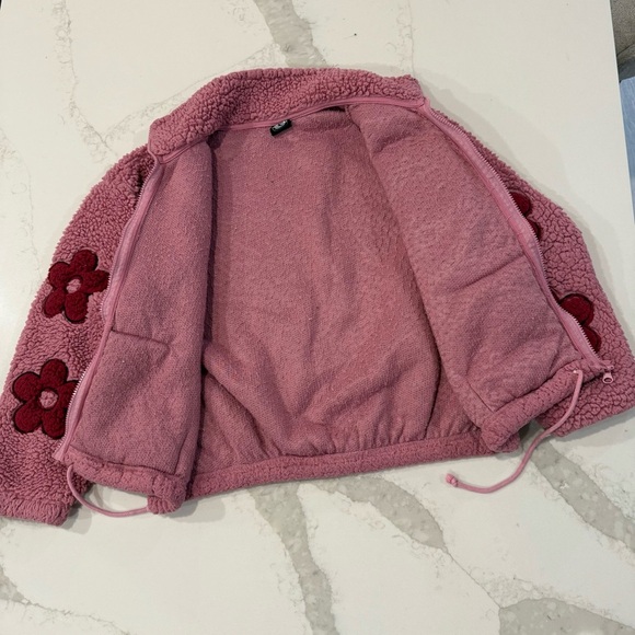 PacSun Full Zip Flower Long Sleeve Teddy Sherpa Jacket Women’s XS Pink Cozycore - Picture 4 of 7